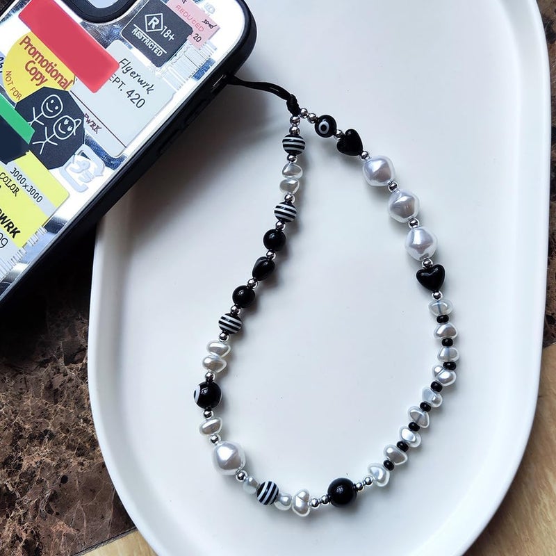 WCCH Beaded Phone Charm Y2K Kawaii Handmade Acrylic Phone Lanyard Wrist Strap for Camera Bag Airpods Keychain Charm Black and White Pearls - Image 2